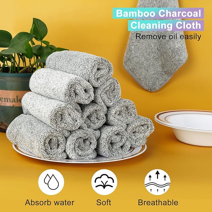 Kitchen Cloth Dish Towels (12 Pack), Premium Dishcloths, Super Absorbent Microfiber Cleaning Cloth, Nonstick Oil Washable Fast Drying Dish Rags for Washing Dishes (Grey)