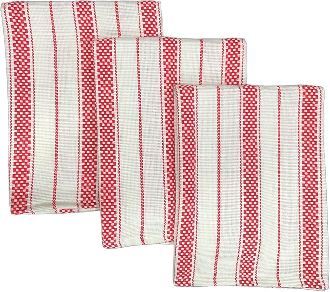 Kitchen Towels Set – Pack of 3 (20’’ x 30’’) Extra Large Premium Cotton Dish Towels for Kitchen – Chain Stripe Towels – Absorbent – 100% Cotton – with Hanging Loop – Red