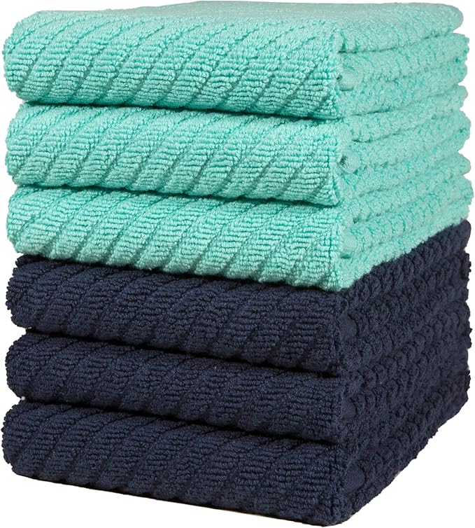 Premium Kitchen Towels (16”x 25”, 6 Pack) | Large Cotton Kitchen Hand Towels | Dish Towels | Diagonal Weave Design | 445 GSM Highly Absorbent Tea Towels Set with Hanging Loop | Aqua & Navy