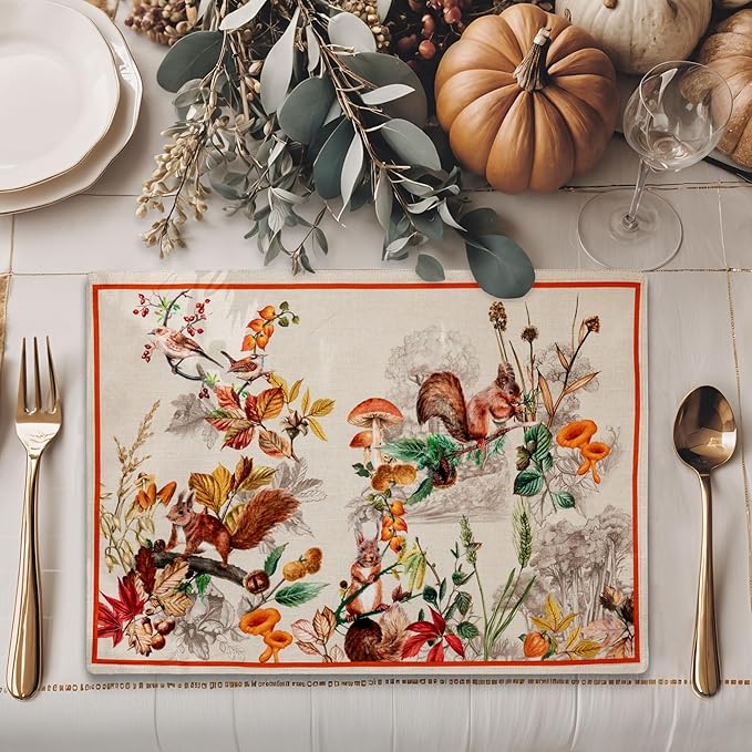 Maison d' Hermine Placemats Set of 4 100% Cotton Washable Cloth Place Mats, Reusable Table Mats for Thanksgiving Christmas Decorations Kitchen Dining Party Wedding Restaurant (Recolte, 13" x 19")