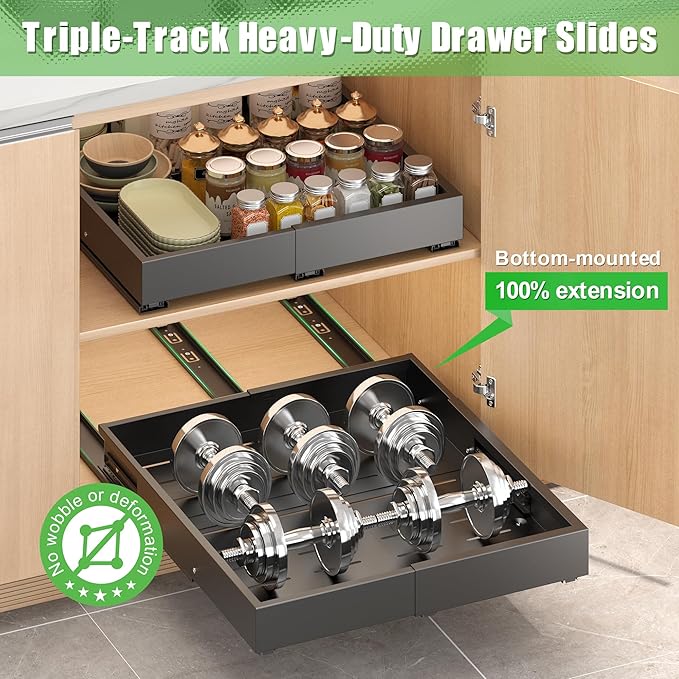 2 Pcs Pull Out Drawers for Cabinets Organizer Expandable Width(11.8"-19.4"), Depth(16.45"-21.7") With 3 Rails, No Drill Roll Out Drawer, Adhesive Sliding Drawers for Kitchen Pantry Storage (Black)