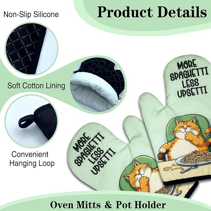 Cute Cat Oven Mitts and Pot Holders Set of 3, More Spaghetti Less Upsetti, Heat Resistant Non-Slip Kitchen Mitts Hot Pads, Spaghetti Lovers Gifts, Housewarming Gifts for Hostess Chef Friend