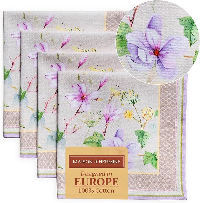 Maison d' Hermine Cloth Napkins Set of 4 100% Cotton Everyday Reusable Square Napkins Cloth Washable Dinner Wedding Restaurant Gifts for Mothers Day Spring/Summer (Magnolia Mornings, 20" x 20")