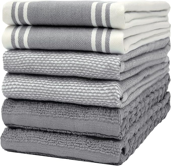 Premium Kitchen Towels (20”x 28”, 6 Pack) | Large Cotton Dish Towels | Flat & Terry Highly Absorbent Kitchen Linen Set with Hanging Loop | Wide Stripe Grey