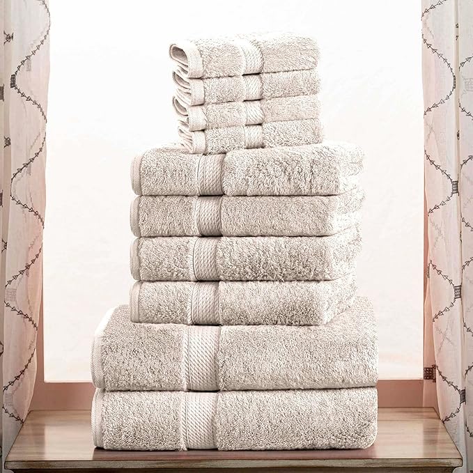 SUPERIOR Egyptian Cotton Pile 10 Piece Towel Set, Includes 2 Bath, 4 Hand, 4 Face Towels/Washcloths, Ultra Soft Luxury Towels, Thick Plush Essentials, Guest Bath, Spa, Hotel Bathroom, Stone