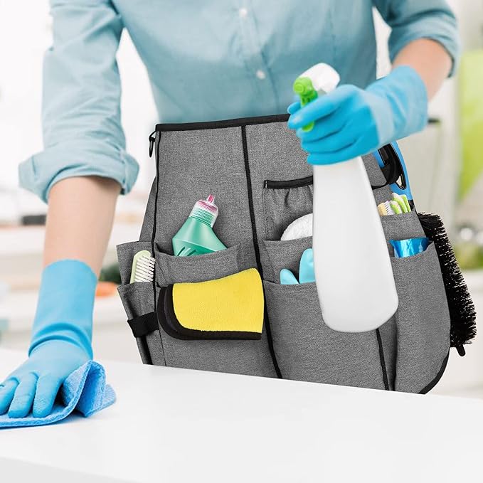 LoDrid Professional Cleaning Apron with 9 Pockets and Adjustable Waist Belt, Cleaning Caddy Aprons for Cleaning Work of House Hotel, Gray