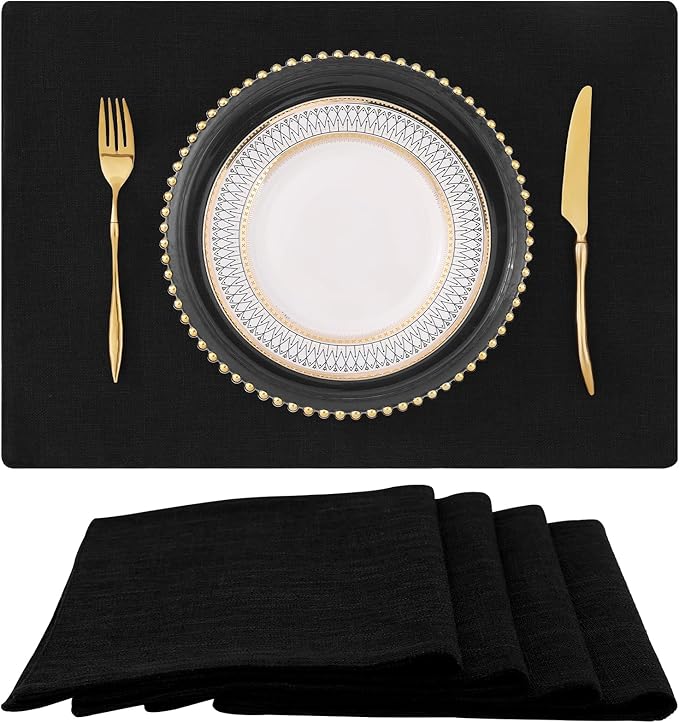 homing Cotton Linen Placemats Set of 4, Cloth Washable Farmhouse Dining Table Mats for Indoors & Outdoors, Easy to Clean, Black, 13 x 19 Inch