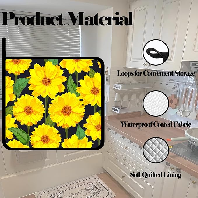 Pot Holders for Kitchen Heat Resistant Pot Holders,Watercolor Blooming Sunflowers Set of 2 Oven Hot Pads for Cooking Baking BBQ Gifts for Women Men
