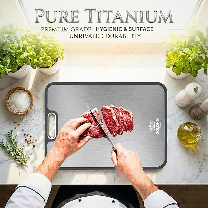 2-IN-1 Double-Sided Titanium Cutting Board –100% Titanium Side, Durable Wheat Straw Back,Easy to Clean,Non Toxic Maintains Freshness & Pure Surface 15.8 x 10.35 in, Premium Kitchen & Home Prep Board