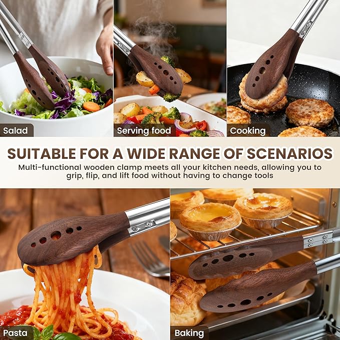 9-Inch Wooden Tongs for Cooking - Heat Resistant Natural Walnut Wood Kitchen Tongs, Stainless Steel Salad Tong with Walnut Wood Tips for Serving Food, Cooking, Tossing Salad, Grilling, BBQ (9 Inch)