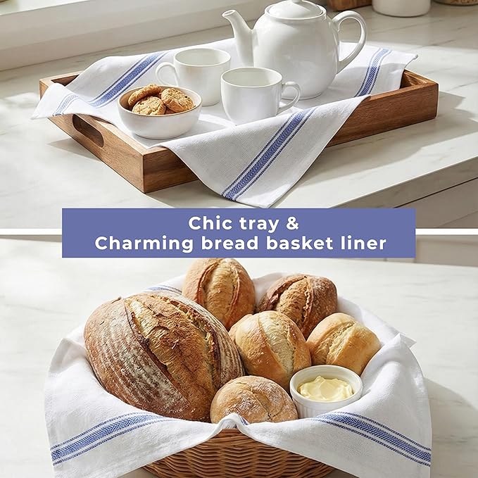 Bulk Kitchen Towels Cotton for Chefs in Commercial Restaurants - 15"X25" - 6 Pack - White Linen Tea Dish Towels - Lint Free Soft Absorbent Side Blue Striped Herringbone Weave Towles