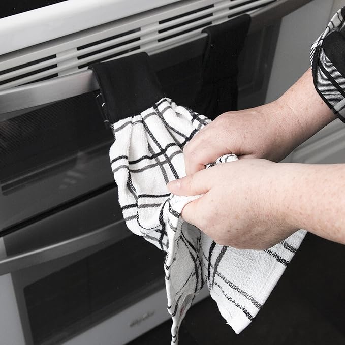 Ritz Premium 100% Cotton Solid and Multi Check Kitchen Tie Towel Absorbent, Super Soft, and Fast Drying Hang Towel, Set of Three, Black