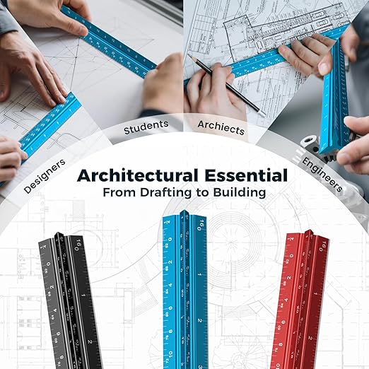 Rena Chris 2PCS Architectural Scale Ruler: 12" Imperial Aluminum Alloy Metal Architecture Measuring Tools, Engineering Drafting Construction Drawing Blueprints Triangular Architect Scaling Rulers