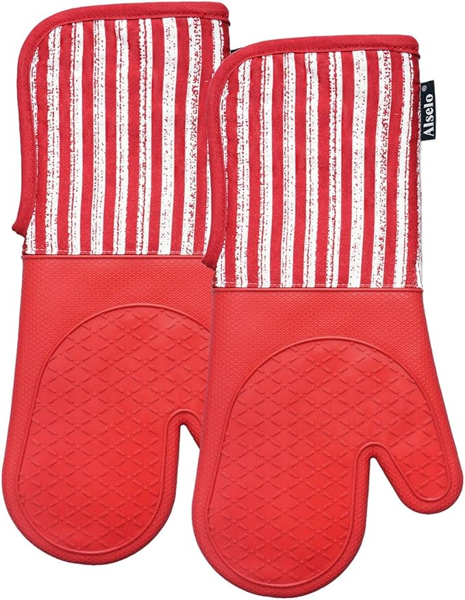 Alselo Silicone Oven Mitts Heat Resistant 932℉ with Waterproof & Non-Slip Kitchen Mittens, Set of 2 Extra Long Oven Gloves with Soft Cotton Terry Lining for Baking Cooking Barbecue (2, Red Mitts)