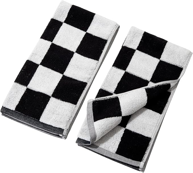 Madi-Cadi 100% Cotton Checkerboard Towels Set of 2, Farmhouse Kitchen & Guest Bathroom Towels, 13 x 29 Inches, Highly Absorbent Lint-Free Dish & Hand Towels with Double-Stitched Hems(Black)