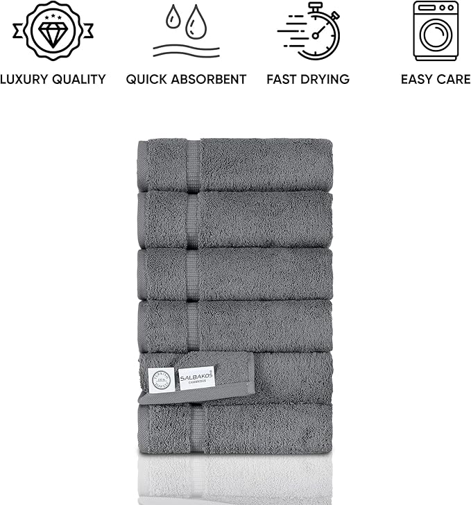 SALBAKOS 100% Turkish Cotton Hand Towels Set 6-Piece Gray 16x30 in | Luxury Premium Quality Thick Super Absorbent Turkish Hand Towel for Bathroom & Kitchen | Made in Turkey (Gray, 6 Hand Towels)