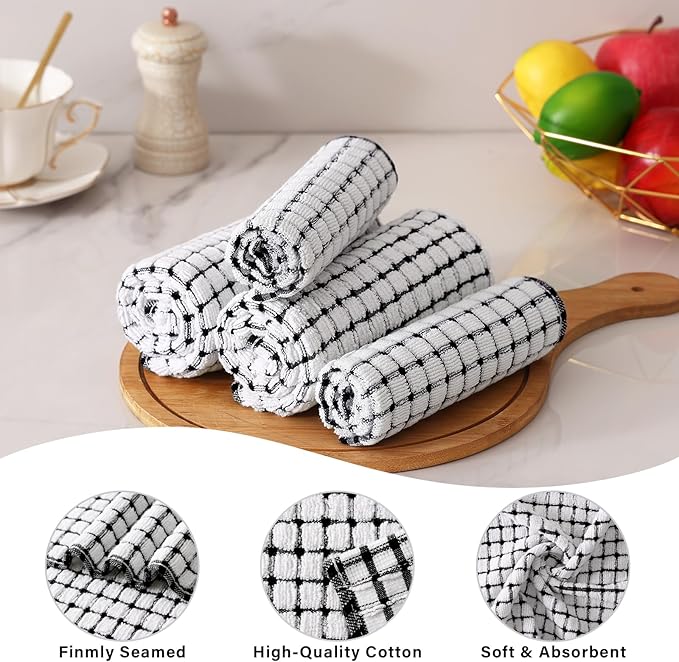 Homaxy Kitchen Towels and Dishcloths Set, 16 x 25 and 12 x 12 Inches, Set of 8 Cotton Terry Kitchen Dish Towels, Super Soft and Absorbent Dish Cloths, Black