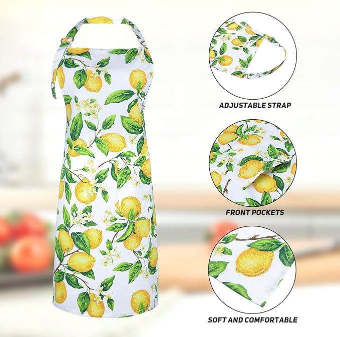 G2PLUS Cotton Kitchen Apron with Pockets, Thick Lemon Apron, Adjustable Cooking Apron for Baking, Chef Apron for Women, Men, Holiday and Xmas Gifts - 30 x 25 inch