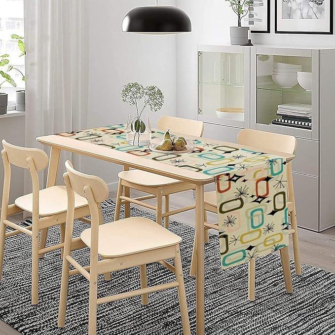 Mid Century Table RunnerRetro Atomic Starbursts Boho Abstract Geometric Art Printed Dinner Runner for Home Kitchen Dining Table Decor Fabric 1 Panel W13xL108in