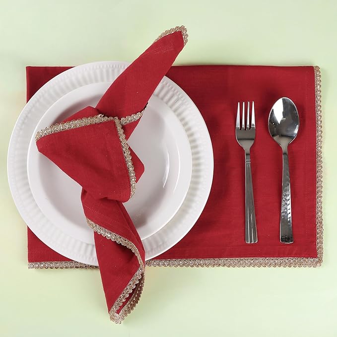 FINGERCRAFT Dinner Cloth Napkin Cotton Blend 12 Pack Mitered Corners with Elegant Golden Lace for Everyday Use Napkins are Pre Shrunk and Good Absorbency Wedding Christmas Special Color Tango Red