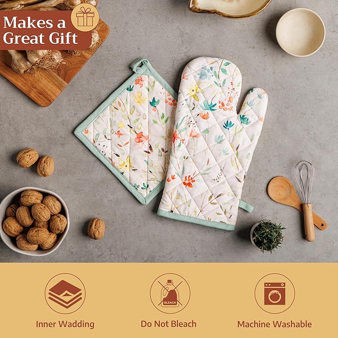 Maison d' Hermine 100% Cotton Oven Mitt & Pot Holder Set (7.5"x13" & 8"x8") Heat Resistant BBQ Cooking Gloves with Loop Baking Grilling Kitchen Gifts for Mothers Day Spring/Summer (Colmar)