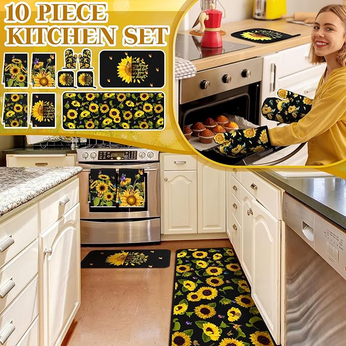 Fourluoo 10 Pcs Sunflower Kitchen Decor Sunflower Oven Mitts and Pot Holders Set Black Dish Towels Summer Rugs Mats Farmhouse Kitchen Accessories for Chef Baking Cooking Grilling BBQ Women Home Gift
