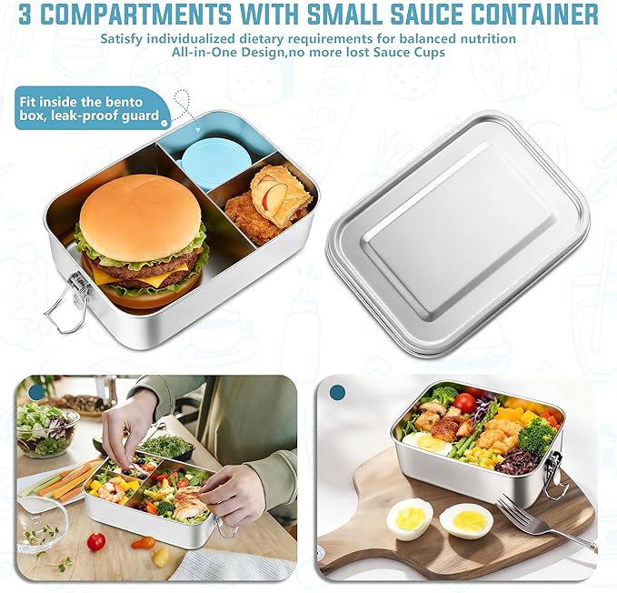 HaWare Lunch Box, 47oz (1400ml) Large Stainless Steel Bento Box with Condiment Container and Carrying Bag, 3 Compartment Food Container for Kids and Adults, Leak-Proof Metal Snack Box, Dishwasher Safe