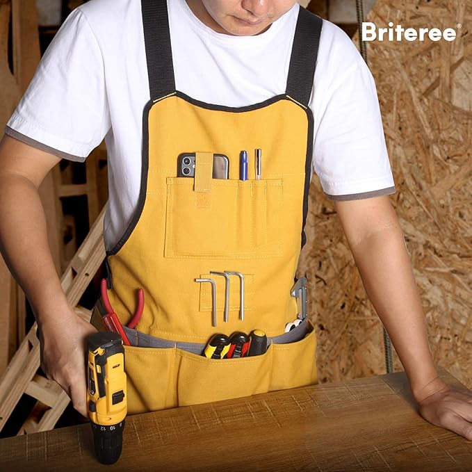 Work Tool Apron for Men and Women, Torso Length with 21 Tool Pockets, Durable Canvas Apron, DIY Enthusiasts, Gifts for Men for Christmas(Yellow)