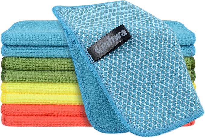 KinHwa Kitchen Washcloths for Dishes Absorbent Microfiber Dish Cloths Quick Dry Dish Rags with Poly Scour Scrub Side Ideal for Kitchen Cleaning (Mixing Colors #1, 7inchx7inch 9 Pack)