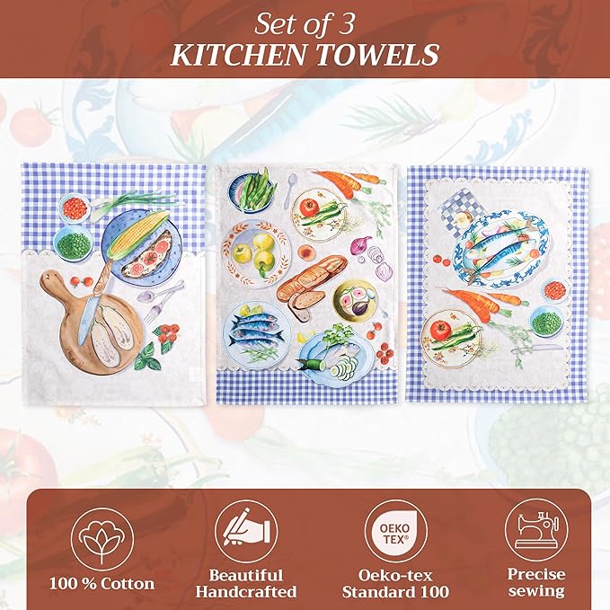 Maison d' Hermine Kitchen Towels Set of 3 100% Cotton 27.50" x 20" Reusable Cloth Tea Dish Towels Absorbent with Hanging Loop for Kitchen Gifts for Mothers Day Spring/Summer (Gourmand)