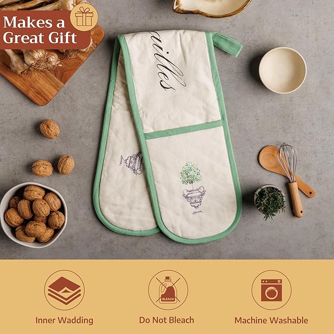 Maison d' Hermine Double Oven Mitts 100% Cotton 7"x35" Double Oven Mitt Heat Resistant BBQ Cooking Gloves with Loop Baking Grilling Gifts for Mothers Day Spring Summer (Jardin Du Roy)
