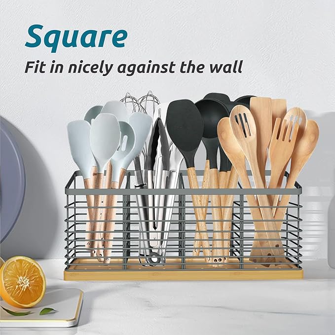 Suli Extra Large Kitchen Utensil Holder with 4 Compartments，Metal holder with Wooden Base for Kitchen Countertop，Farmhouse Cooking Utensil Storage, Rustic Cooking Utensil,Grey