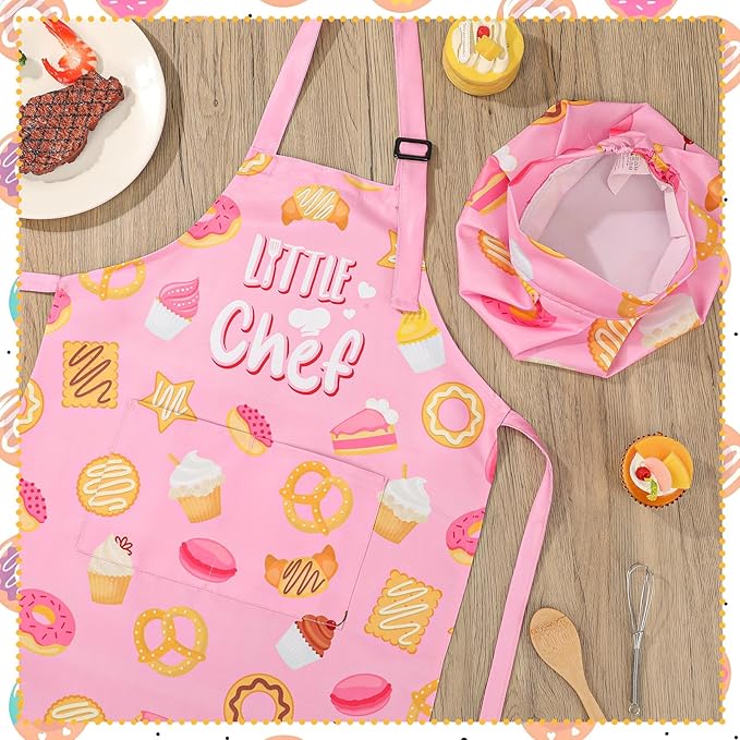 Kids Apron and Chef Hat Set, Funny Apron with 2 Pockets, Adjustable Kids Aprons for Cooking for Boys and Girls