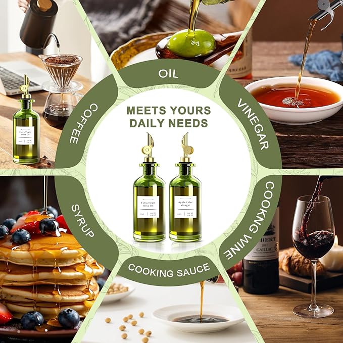 COOLMI Oil Dispenser for Kitchen - 12oz/350ml, Set of 2 Extra Thick Food Grade Glass Olive Oil Dispenser Bottle with Cleaning Brush, Stickers and Funnel (Gold)