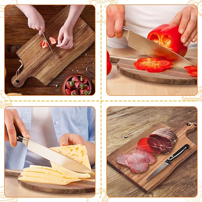 Hsei 2 Pcs Acacia Wood Cutting Board with Handle Wooden Charcuterie Board Large Paddle Carving Chopping Set Butter Serving Tray for Cheese Meat Fruit Bread (Irregular Style,16x12,16.5x8.27 Inch)