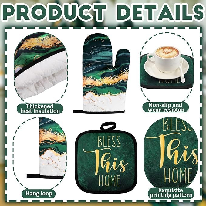 Fourluoo 10 Pcs Kitchen Dish Towels Rugs Oven Mitts and Pot Holders Kit Farmhouse Kitchen Decor Set Gloves Vintage Potholders for Baking Cooking Chef(Green,Modern)