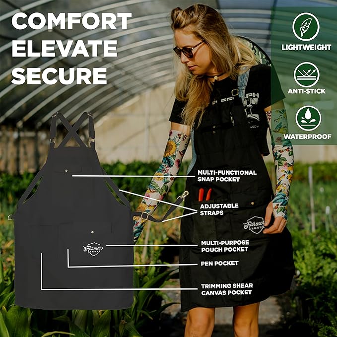 FARMER'S DEFENSE Lightweight Garden Apron with Canvas Pockets | Unisex, Waterproof, Adjustable, Stick Resistant, Eco-Friendly, Durable | Outdoor Gardening Work and Kitchen Cooking Tasks | Black - S/M