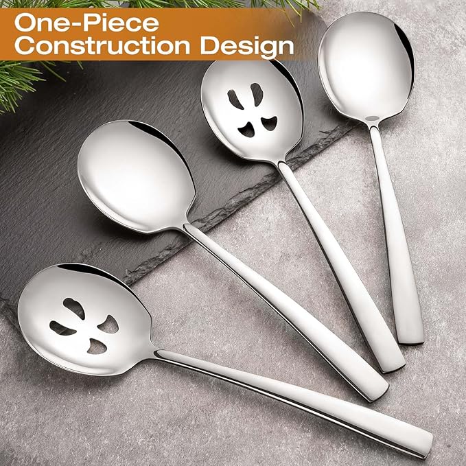 Stainless Steel Serving Spoons Set, 9.2-Inch Large Slotted Spoon x 2, Serving Spoon x 2, Big Serving Utensils Set for Buffet, Parties, Catering (2 Slotted & 2 Solid, Silver)