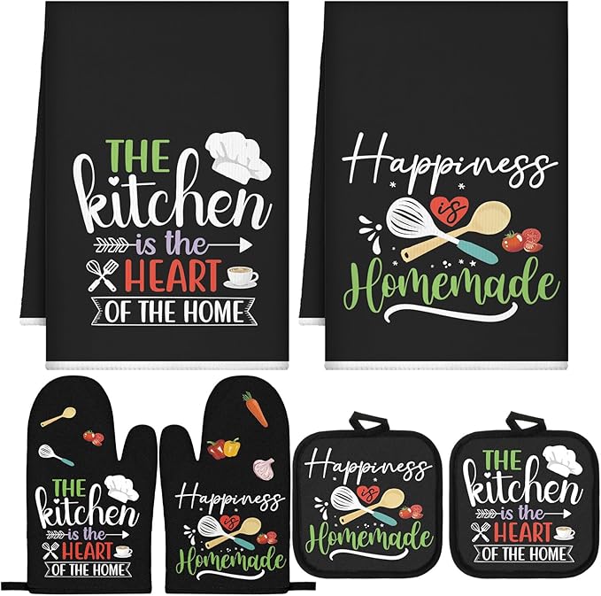 Sratte 6 Pcs Kitchen Decor Accessories Set Farmhouse Towels Pot Holders Oven Mitts Set 2 Dish Towels 2 Potholders 2 Cooking Mittens Oven Glove for Christmas Baking Cooking (Black Color)