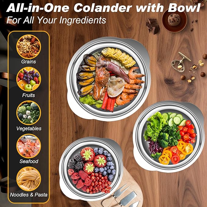 Stainless Steel Colander, 3Pcs Strainer for Kitchen Food with Handle Kitchen Gadget Food Strainer Basket for Washing Vegetables, Fruits, Rice, and Pasta, (2+2QT Colander + 3QT Mixing Bowl)