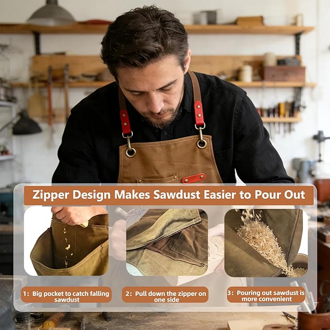 DAFENCHI Wood Carving Apron with Chip Catcher, Canvas Whittling Apron, Woodworking Apron with Large Pouch for Catching Wood Chips, Adjustable Straps, for Woodworkers, Gift for Men