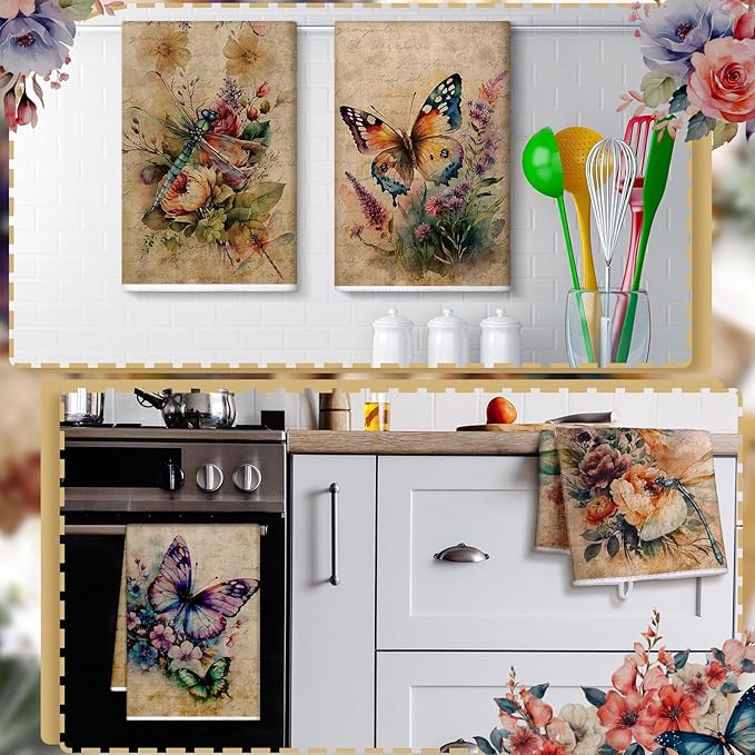 Bencailor 6 Pcs Butterfly Flower Kitchen Towels Decorative Sets Dish Towels Absorbent Fast Drying Hand Tea Vintage Hanging Reusable Cleaning Dishcloths for Cooking Farmhouse Bathroom Accessory