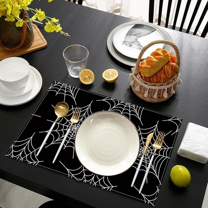 Spider Web Placemats Set of 6, Washable Heat Resistant Table Mat Linen Place Mats for Party Kitchen Dining Home Decor 12x18 Inch