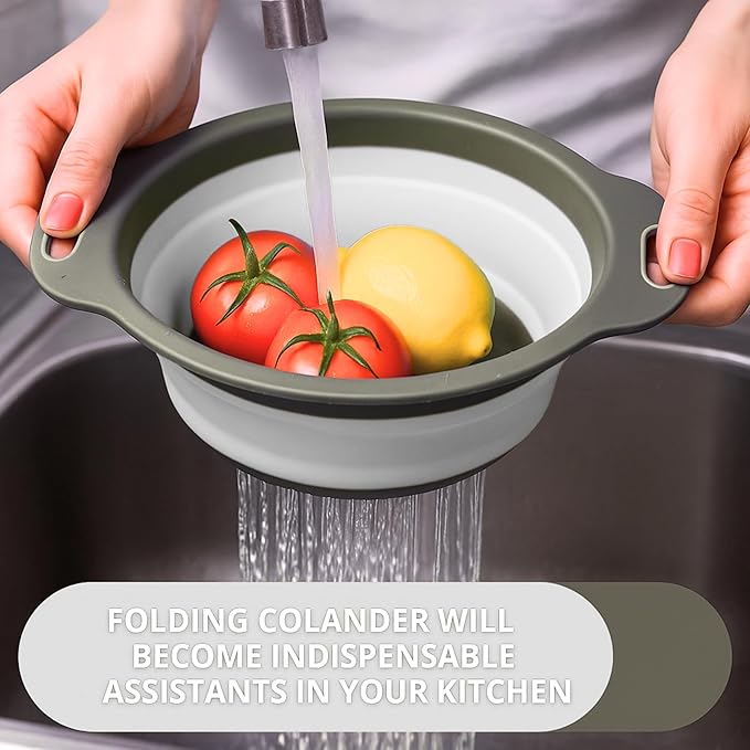 White Round Silicone Collapsible Colander – Silicone Round Kitchen Strainers with Plastic Handles Small Foldable Kitchen Strainer Perfect for Draining Pasta Vegetable and Fruit