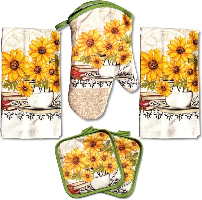 Lobyn Value Packs: Bright Sunflower5 Piece Kitchen Towel Set with 2 Decorative Dish Towels (25 X15), 1 Oven Mitt (11 X 7) and 2 Potholders (6.5 X 6.5)