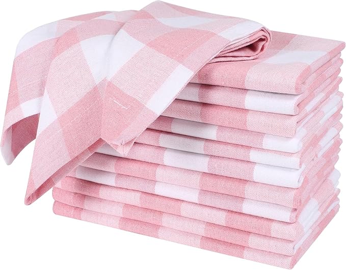 Cloth Napkins, Reusable Dinner Napkins for Parties,Weddings,Baby Shower,Christmas Decorations,Everyday Fabric Serviettes for Dining Table, Set of 12 Pink White_ 18"x18" with Decorative Hemstitched.