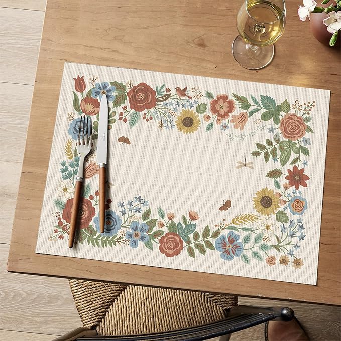 Artoid Mode Beige Florals Butterfly Spring Vinyl Placemats Set of 4, Washable Non-Slip Plastic Table Mats for Vintage Holiday Party Kitchen Dining Decor