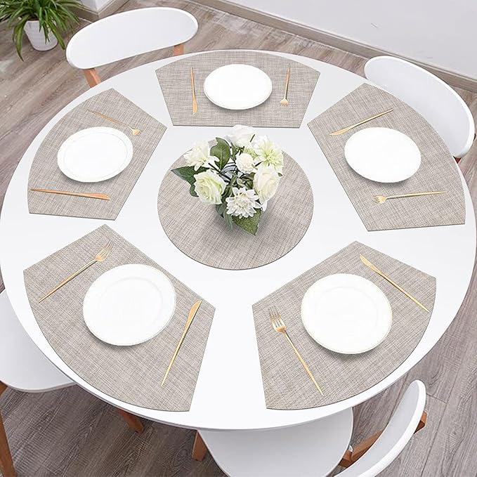 SHACOS Wedge Placemats Set of 8 Woven Vinyl Placemats for Round Curved Table Place Mats Wipe Clean Non Slip Table Mats, Beige White Black