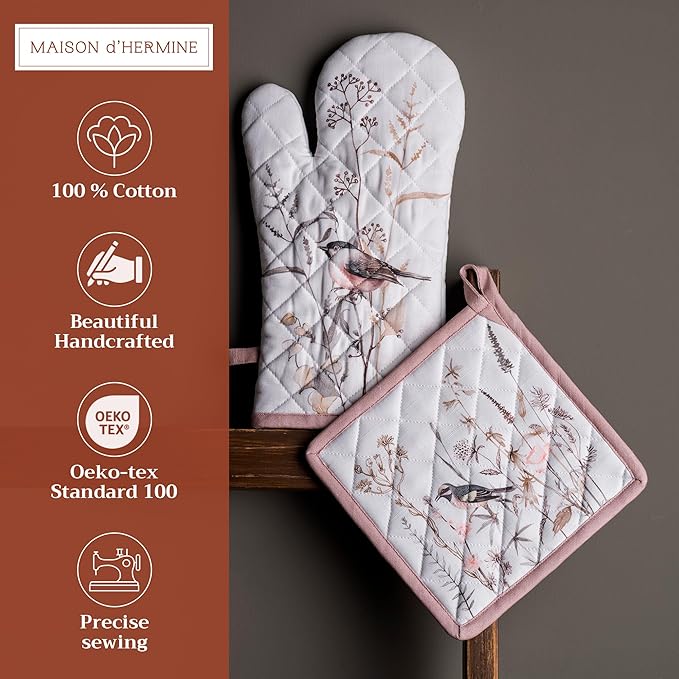 Maison d' Hermine 100% Cotton Oven Mitt & Pot Holder Set (7.5"x13" & 8"x8") Heat Resistant BBQ Cooking Gloves with Loop Baking Kitchen Gifts for Mothers Day Spring/Summer (Meadow Florals - Brown)