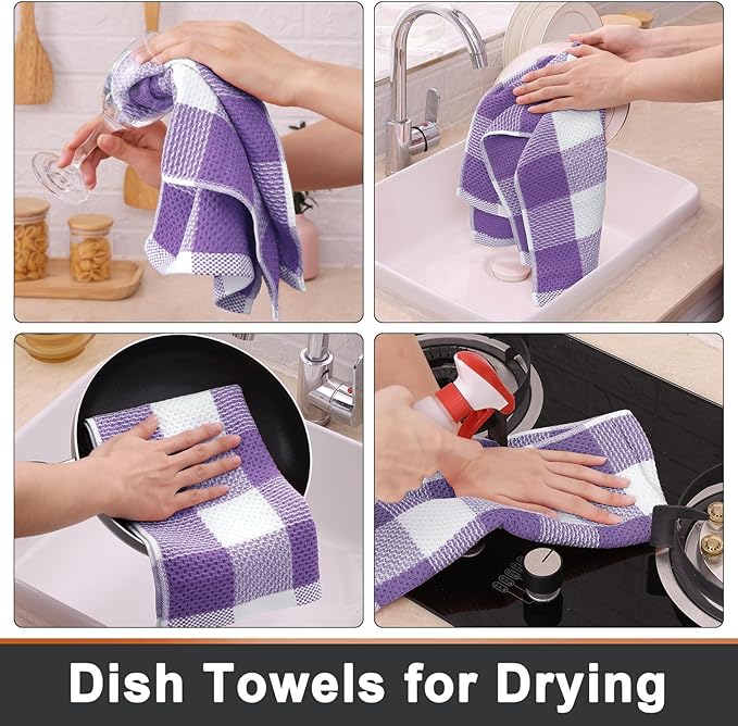Mordimy 100% Cotton Waffle Weave Kitchen Towels, 13 x 28 Inches, Super Soft and Absorbent Buffalo Check Dish Towels for Drying Dishes, 4-Pack, White & Purple